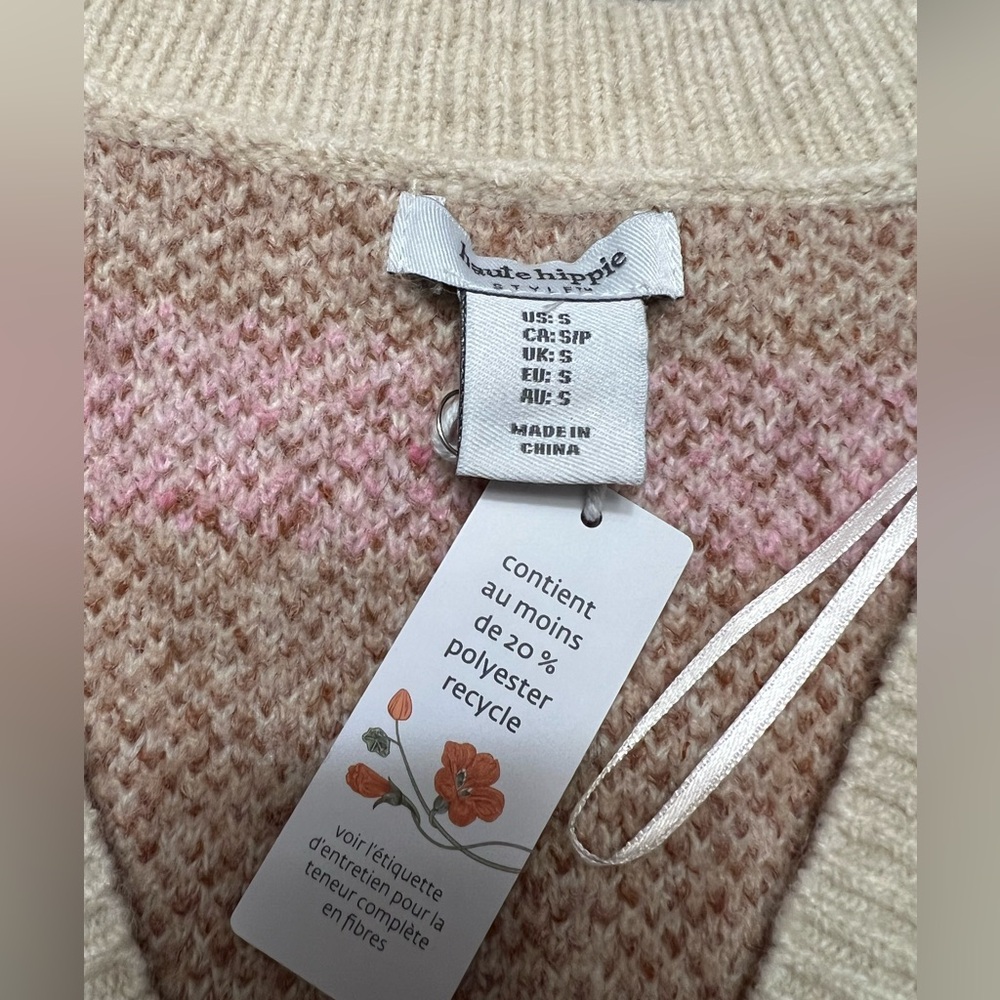 Anthropologie Haute Hippie Horse & Rose Fair Isle Knit Cardigan Cream & Pink NWT - Picture 12 of 13